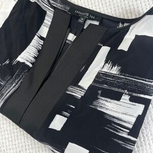 Lafayette 148 New York Silk Abstract Brushstroke Print Split Neck Blouse Black M